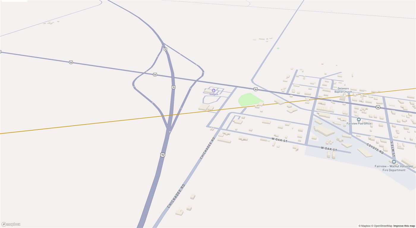 Gold permit line on US-36 through Fairview, Kansas, with the highway interchange and the town shown in three dimensions